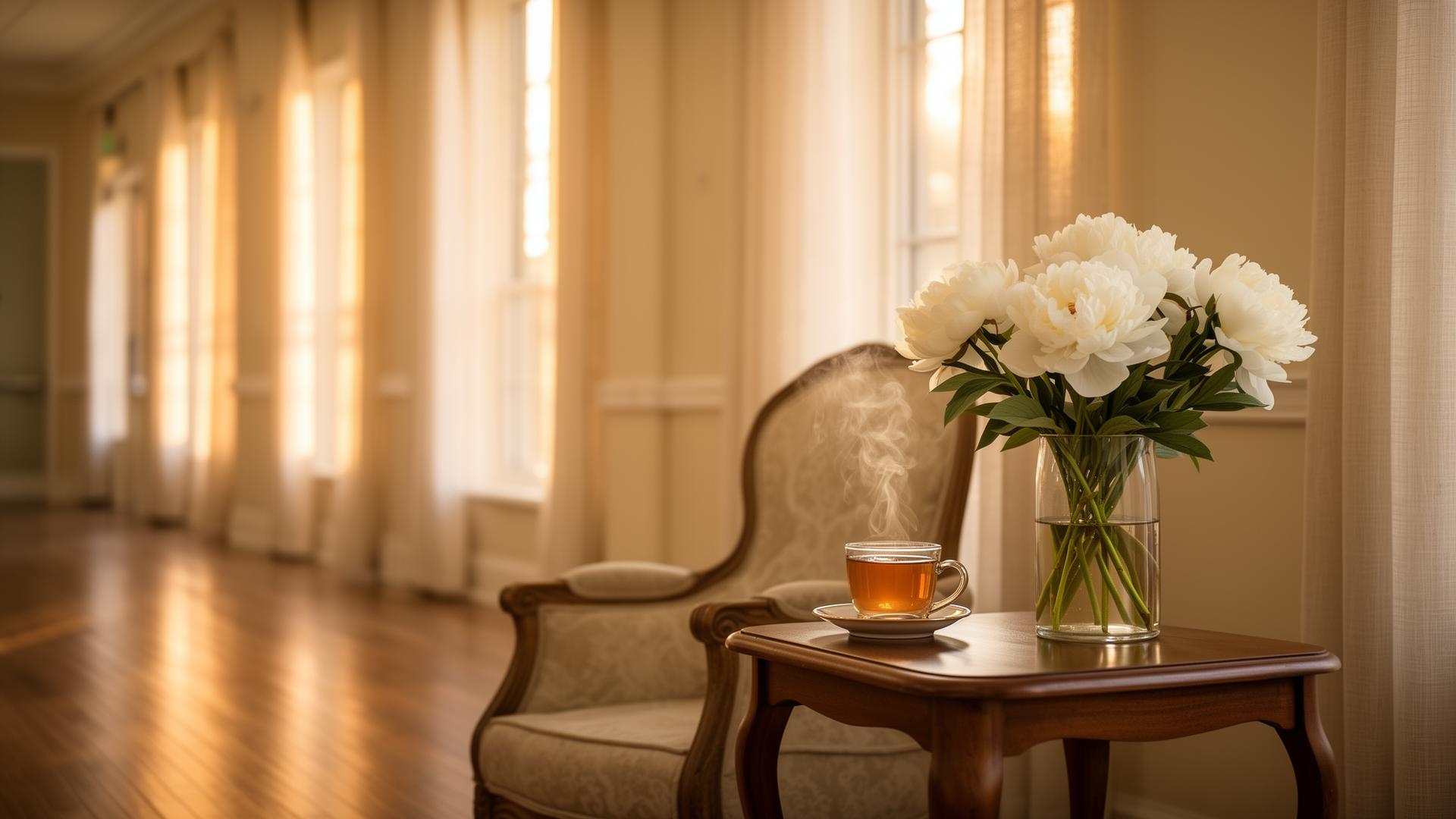 A warm, sunlit reading nook at Sunscape with peonies and a cup of tea